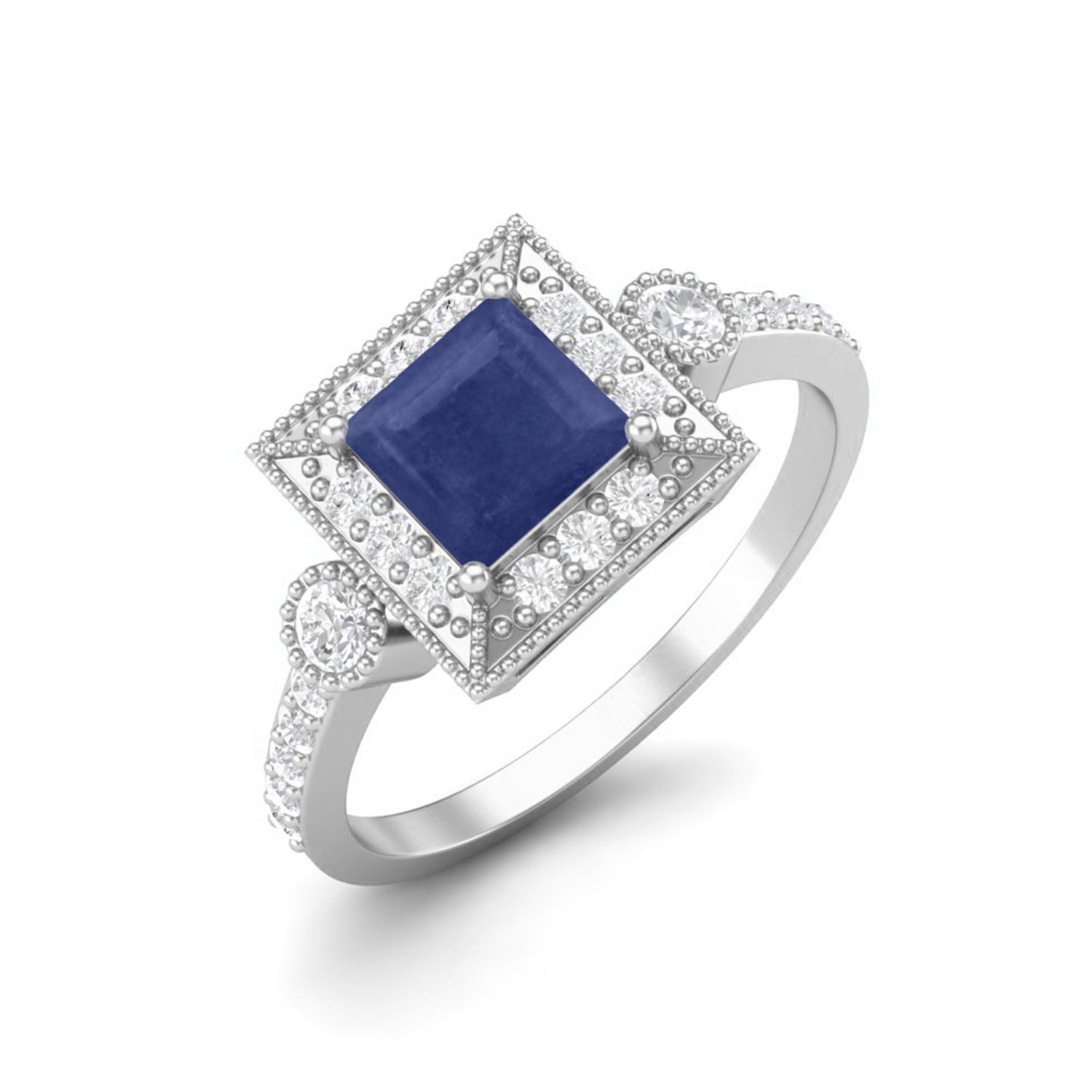 Square Shaped Blue Sapphire Natural Solitaire With Accent 925 Sterling Silver Wedding Ring