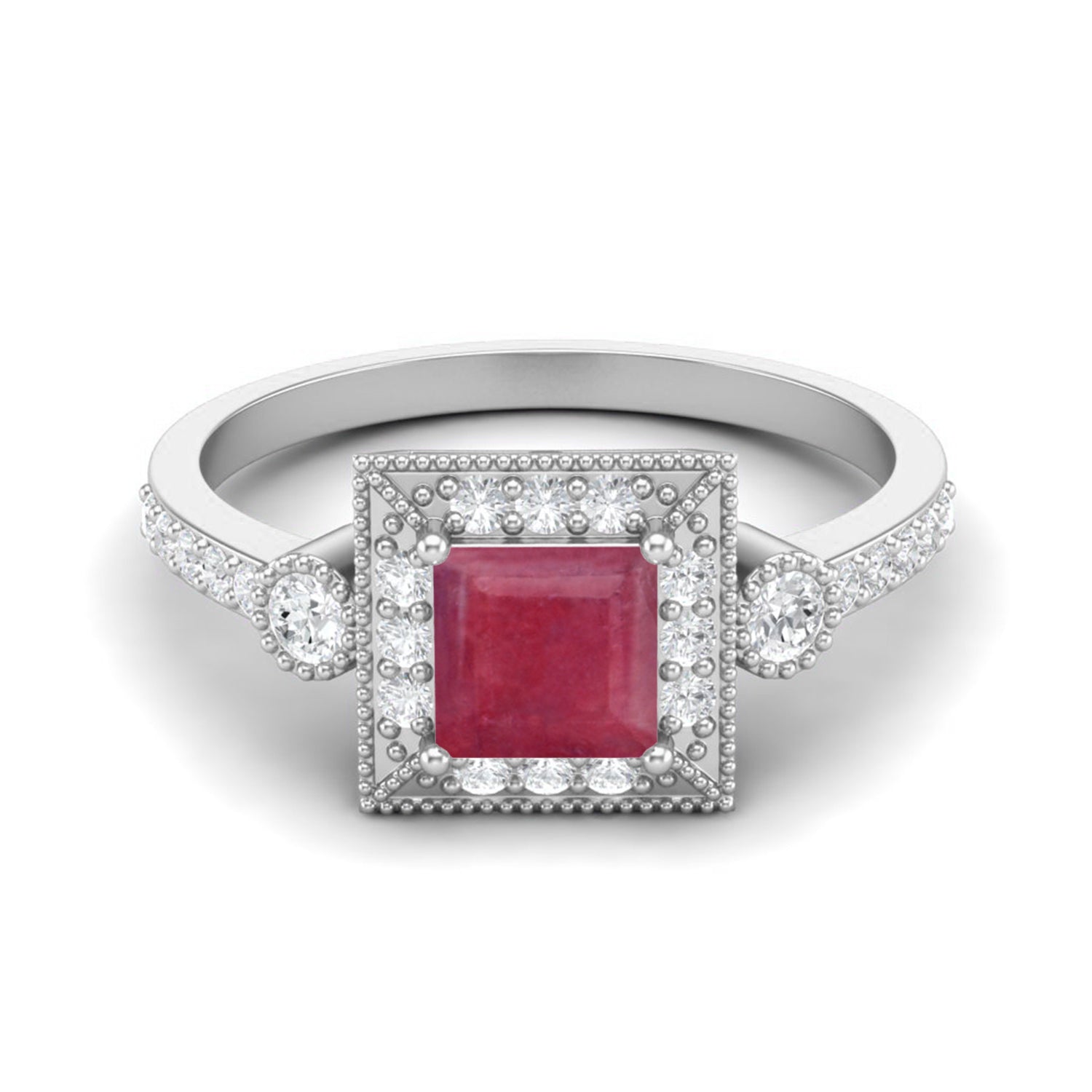 Ruby 0.75 Ct Square Vintage Halo Accent Ring – 14k Yellow Gold