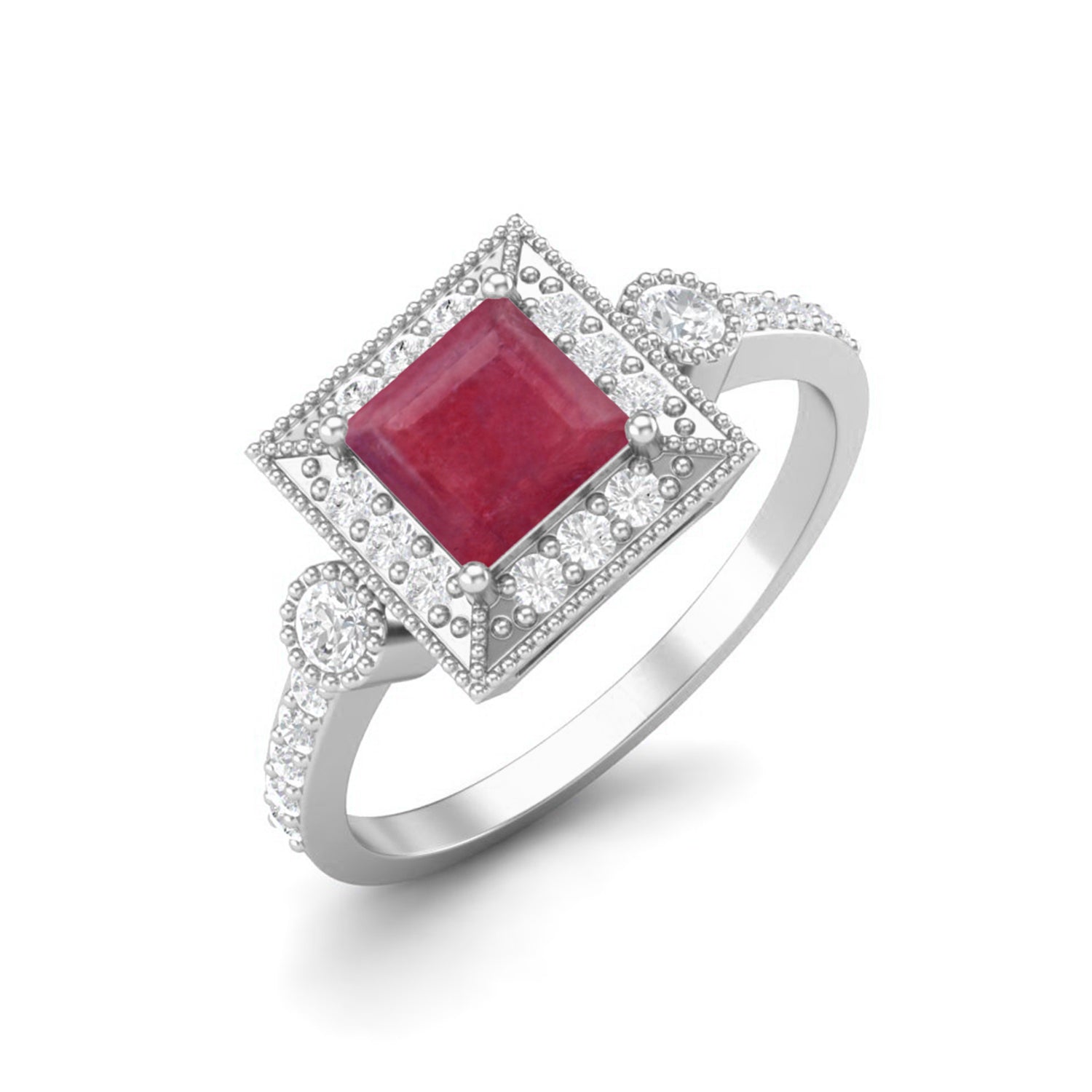 Ruby 0.75 Ct Square Vintage Halo Accent Ring – 14k Yellow Gold