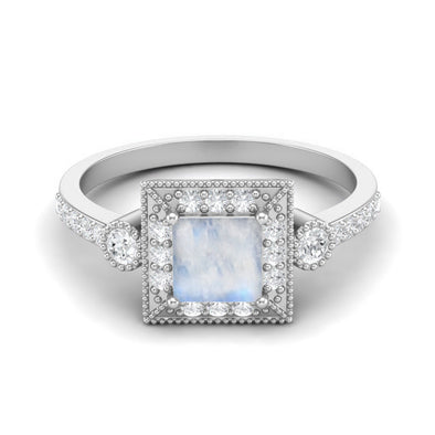 Square Shaped Moonstone Solitaire With Accent Ring 925 Sterling Silver Wedding Ring