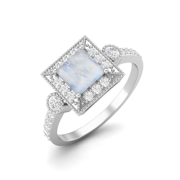 Square Shaped Moonstone Solitaire With Accent Ring 925 Sterling Silver Wedding Ring