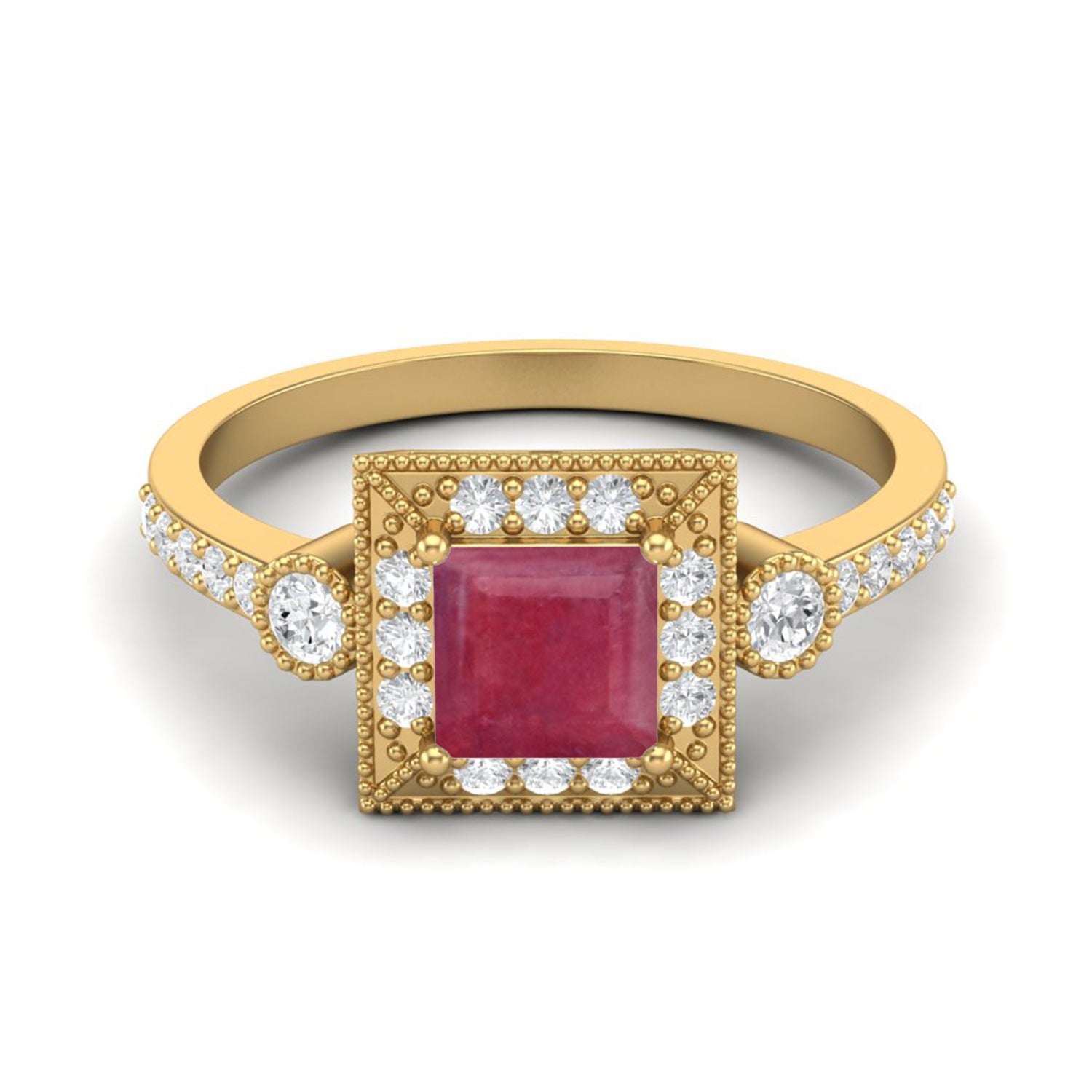Ruby 0.75 Ct Square Vintage Halo Accent Ring – 14k Yellow Gold