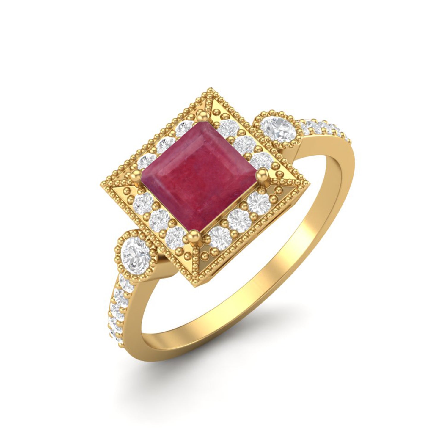 Ruby 0.75 Ct Square Vintage Halo Accent Ring – 14k Yellow Gold