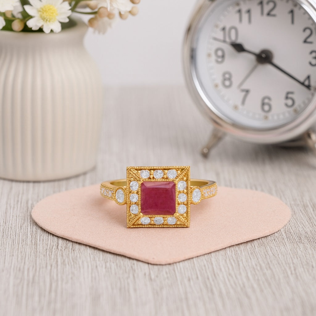 Ruby 0.75 Ct Square Vintage Halo Accent Ring – 14k Yellow Gold