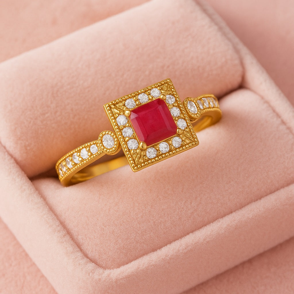 Ruby 0.75 Ct Square Vintage Halo Accent Ring – 14k Yellow Gold