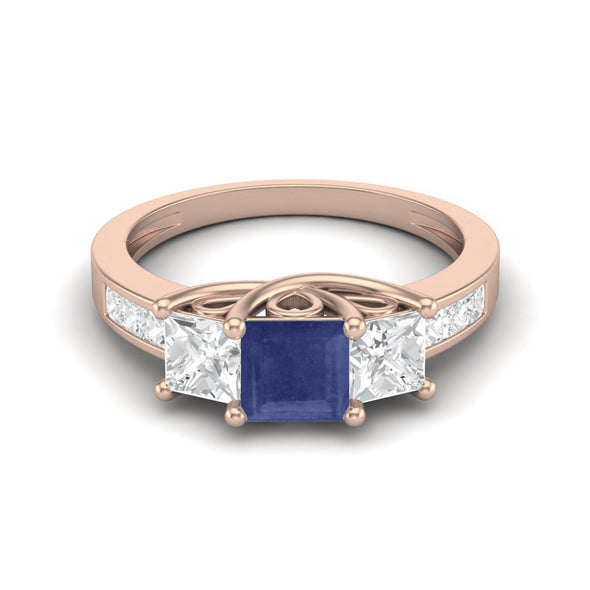 Square Cut Halo Three Stone Blue Sapphire Ring 925 Sterling Silver Engagement Ring