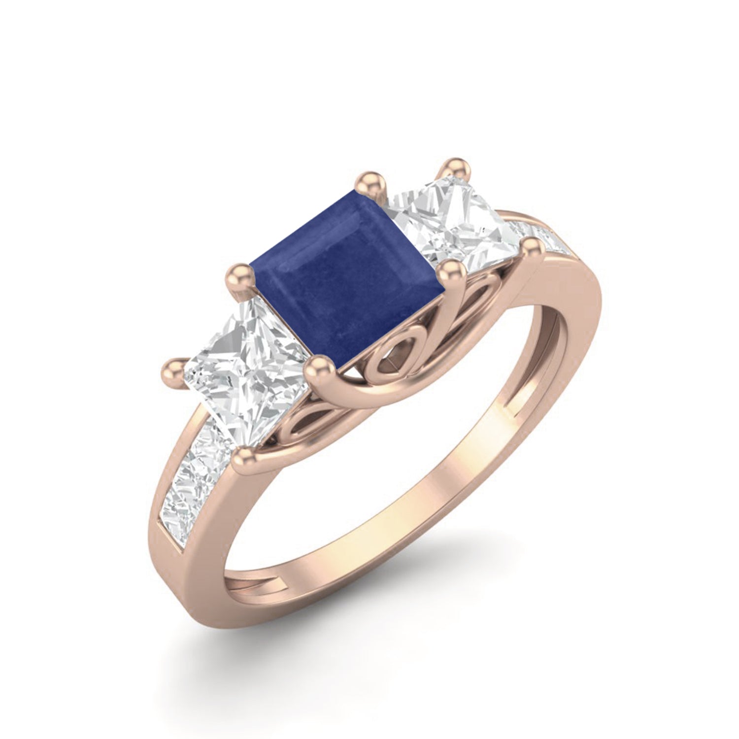 Blue Sapphire 0.75 Ct Square Three-Stone Ring - 14k Yellow Gold
