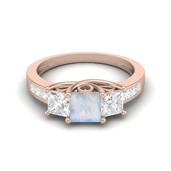 Square Cut Moonstone 925 Sterling Silver Engagement Accent Ring Unique Halo Wedding Ring