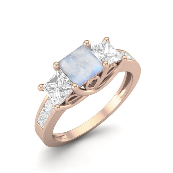 Square Cut Moonstone 925 Sterling Silver Engagement Accent Ring Unique Halo Wedding Ring