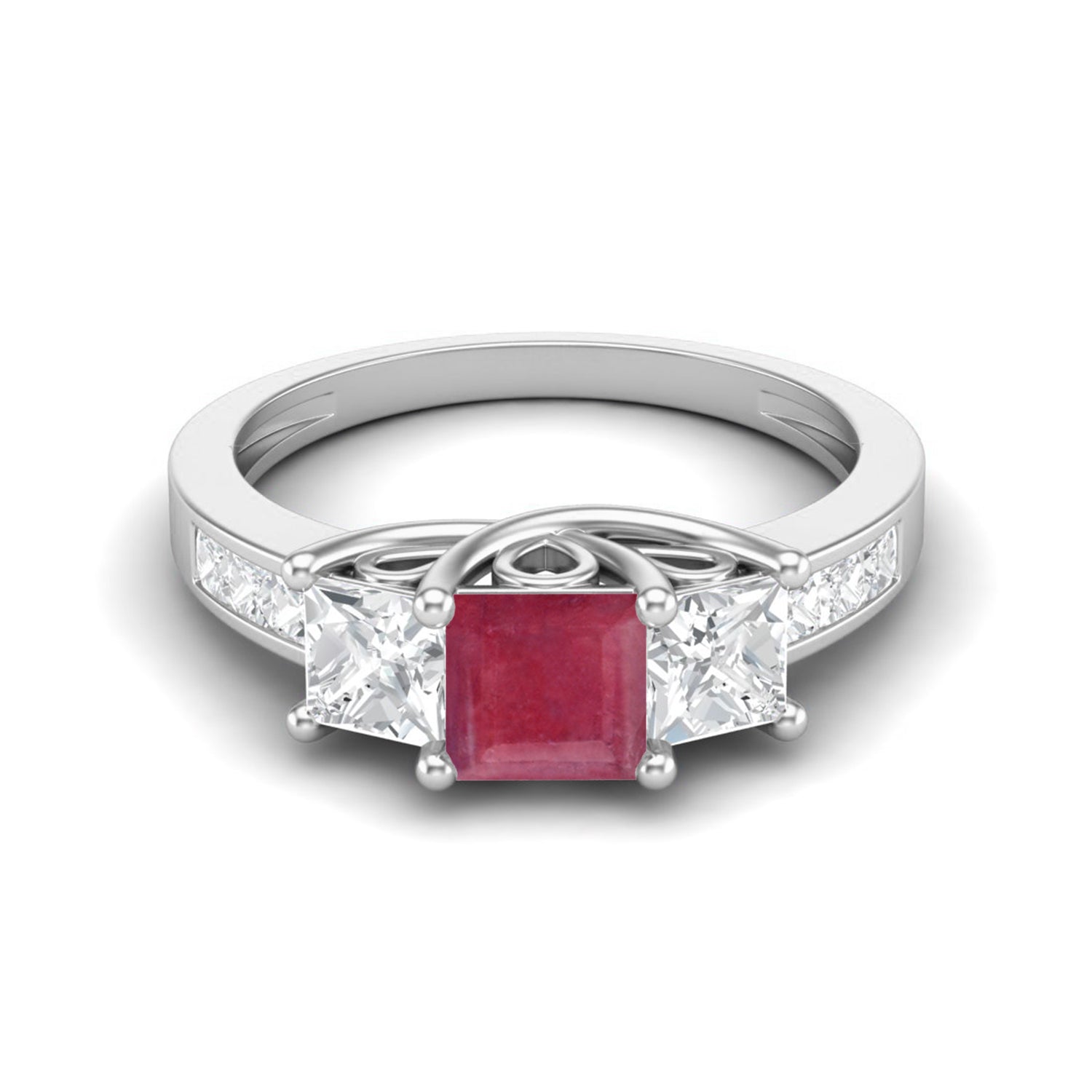 Ruby 0.75 Ct Square Three-Stone Accent Ring - 14k Yellow Gold