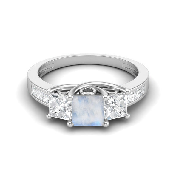 Square Cut Moonstone 925 Sterling Silver Engagement Accent Ring Unique Halo Wedding Ring