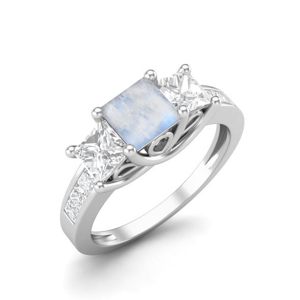 Square Cut Moonstone 925 Sterling Silver Engagement Accent Ring Unique Halo Wedding Ring