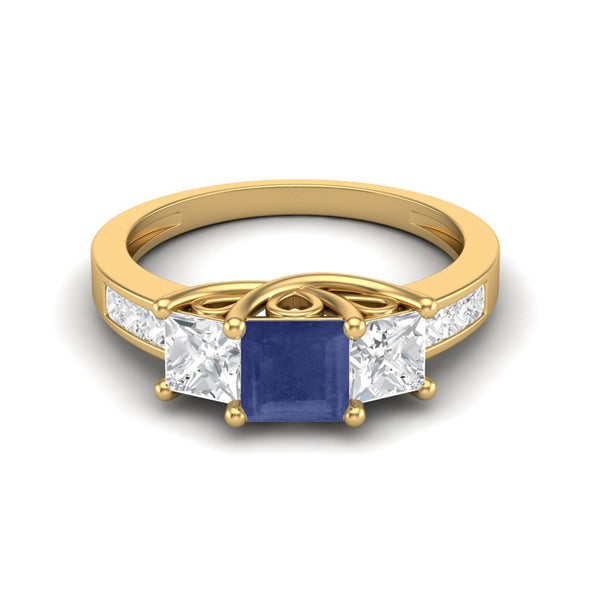 Square Cut Halo Three Stone Blue Sapphire Ring 925 Sterling Silver Engagement Ring