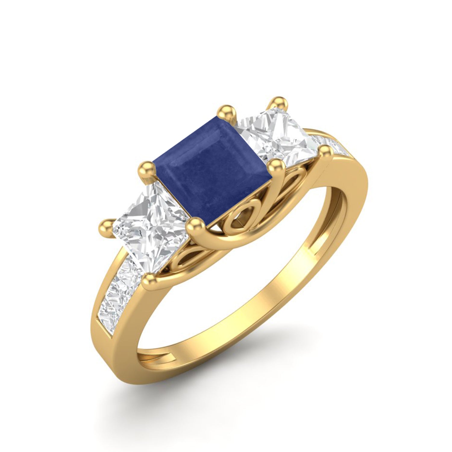 Blue Sapphire 0.75 Ct Square Three-Stone Ring - 14k Yellow Gold