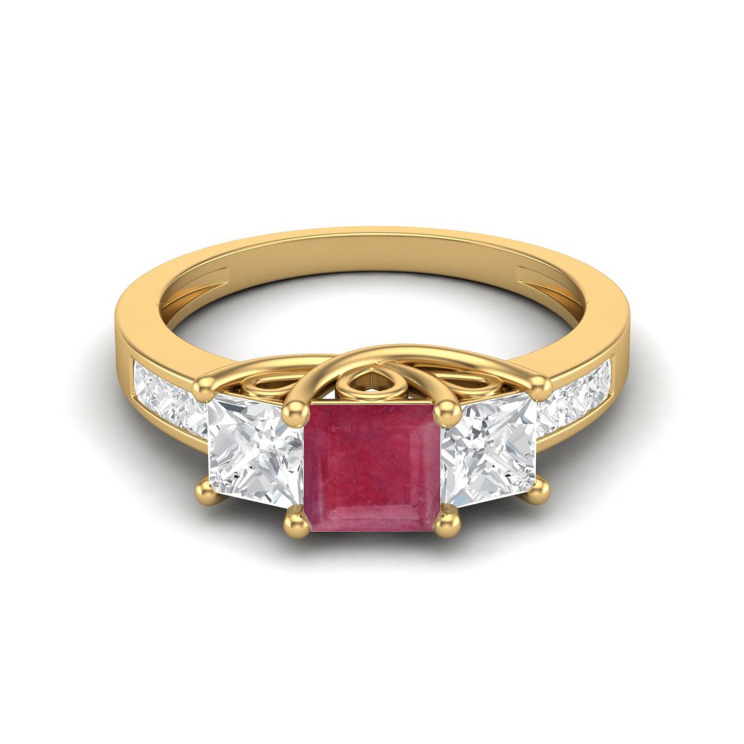 Ruby 0.75 Ct Square Three-Stone Accent Ring - 14k Yellow Gold