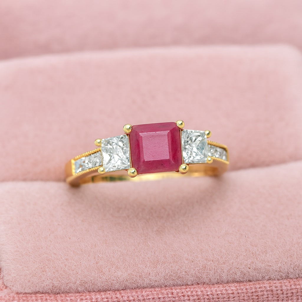 Ruby 0.75 Ct Square Three-Stone Accent Ring - 14k Yellow Gold