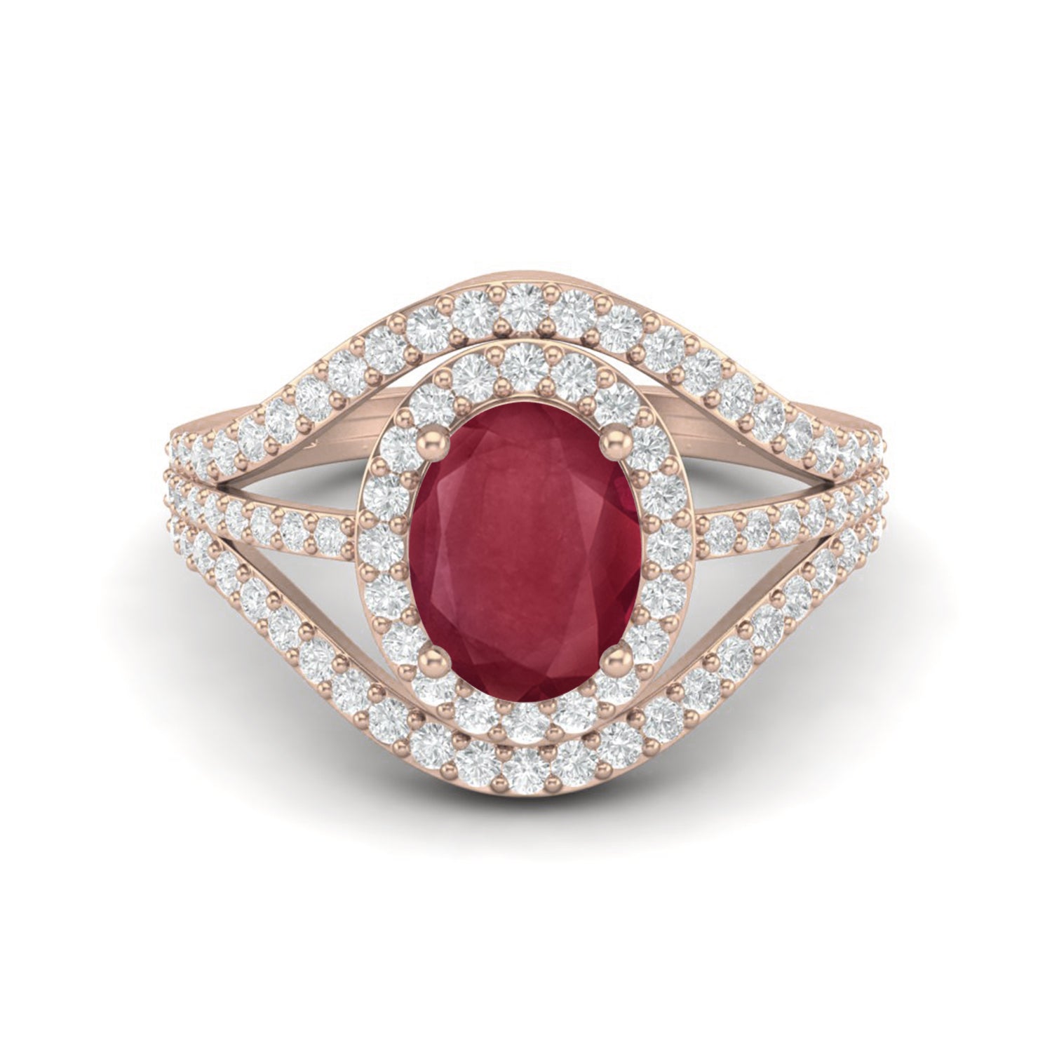 Ruby 1.50 Ct Oval Double Halo Split Shank Ring - 14k Fine Yellow Gold