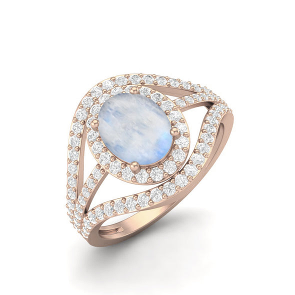 Oval Cut Solitaire Moonstone Gemstone Three Layer 925 Sterling Silver Accent Halo Wedding Ring