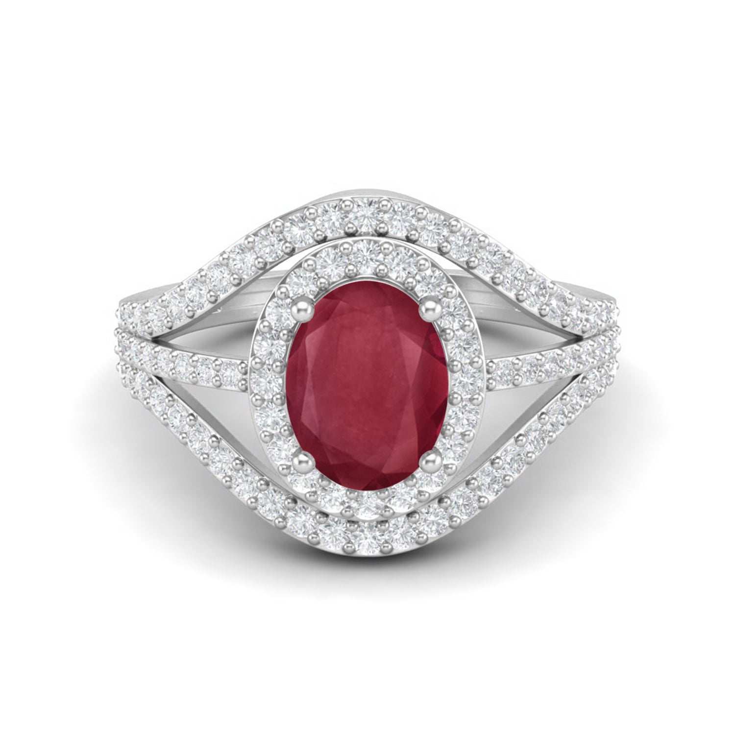 Ruby 1.50 Ct Oval Double Halo Split Shank Ring - 14k Fine Yellow Gold
