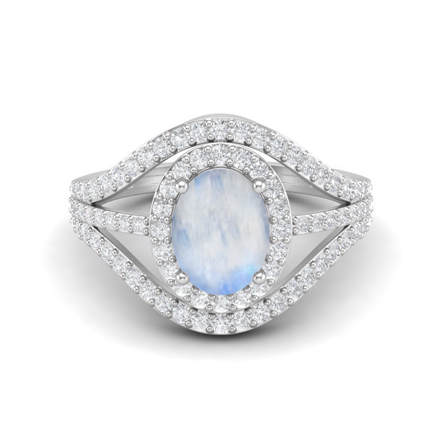 Moonstone Split Shank Wave Halo Design Ring – Sterling Silver