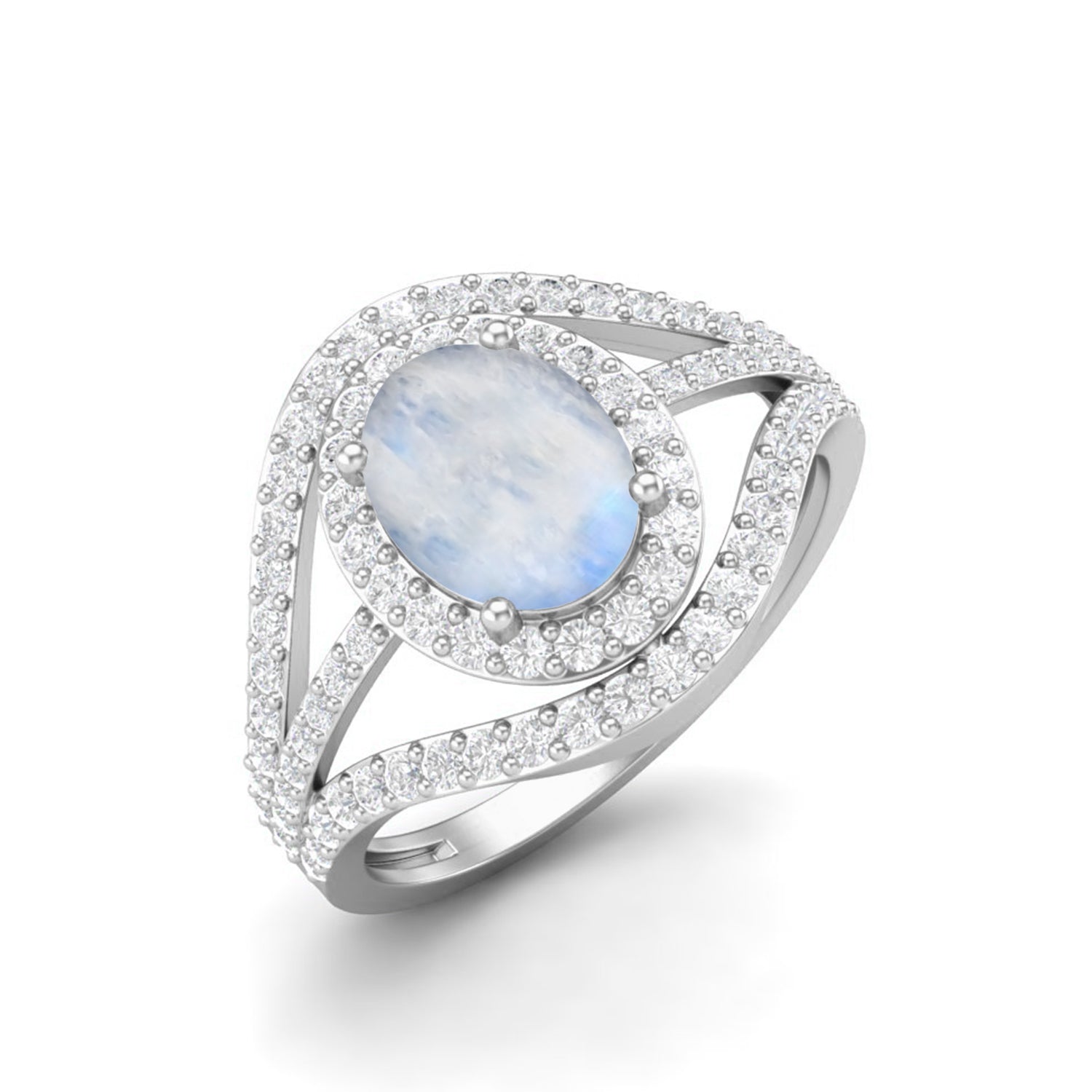 Moonstone Split Shank Wave Halo Design Ring – Sterling Silver
