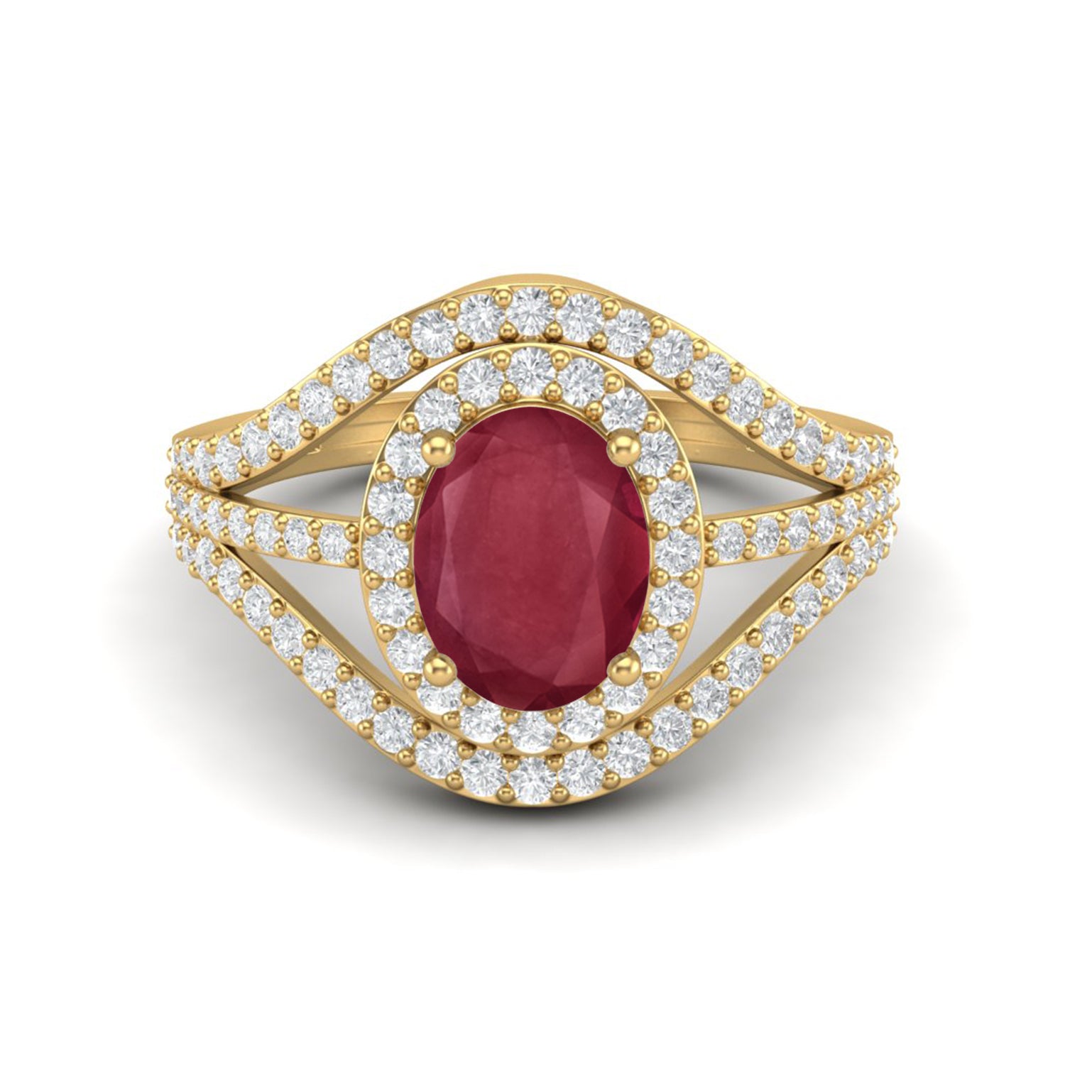 Ruby 1.50 Ct Oval Double Halo Split Shank Ring - 14k Fine Yellow Gold
