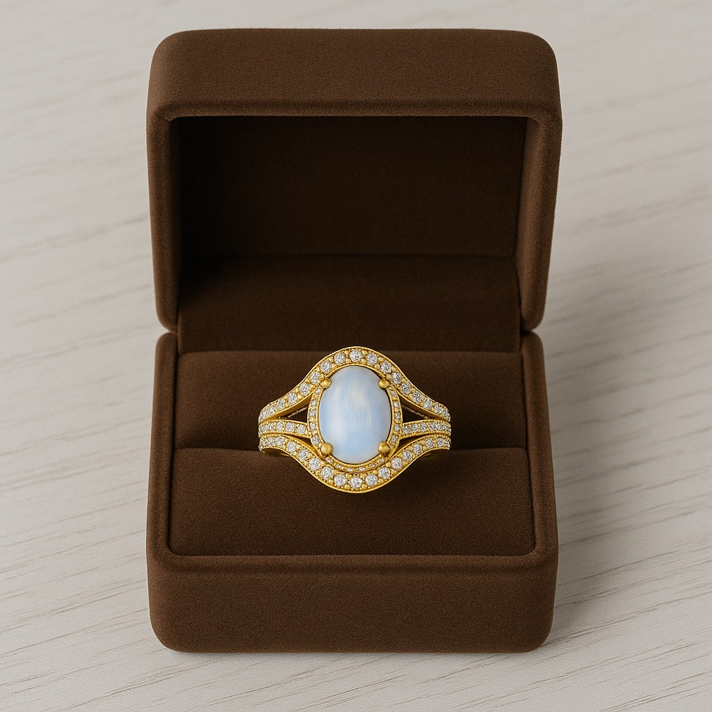 Moonstone Split Shank Wave Halo Design Ring – Sterling Silver