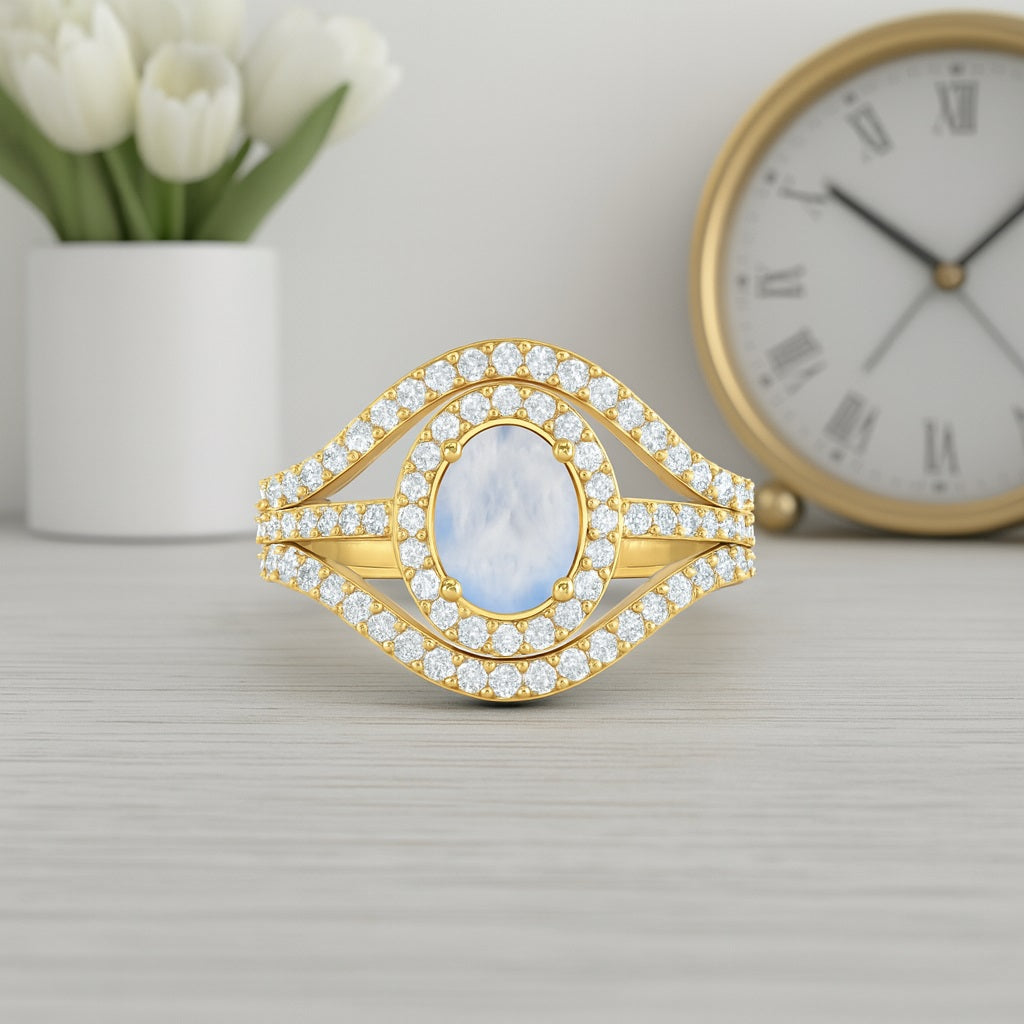 Moonstone Split Shank Wave Halo Design Ring – Sterling Silver