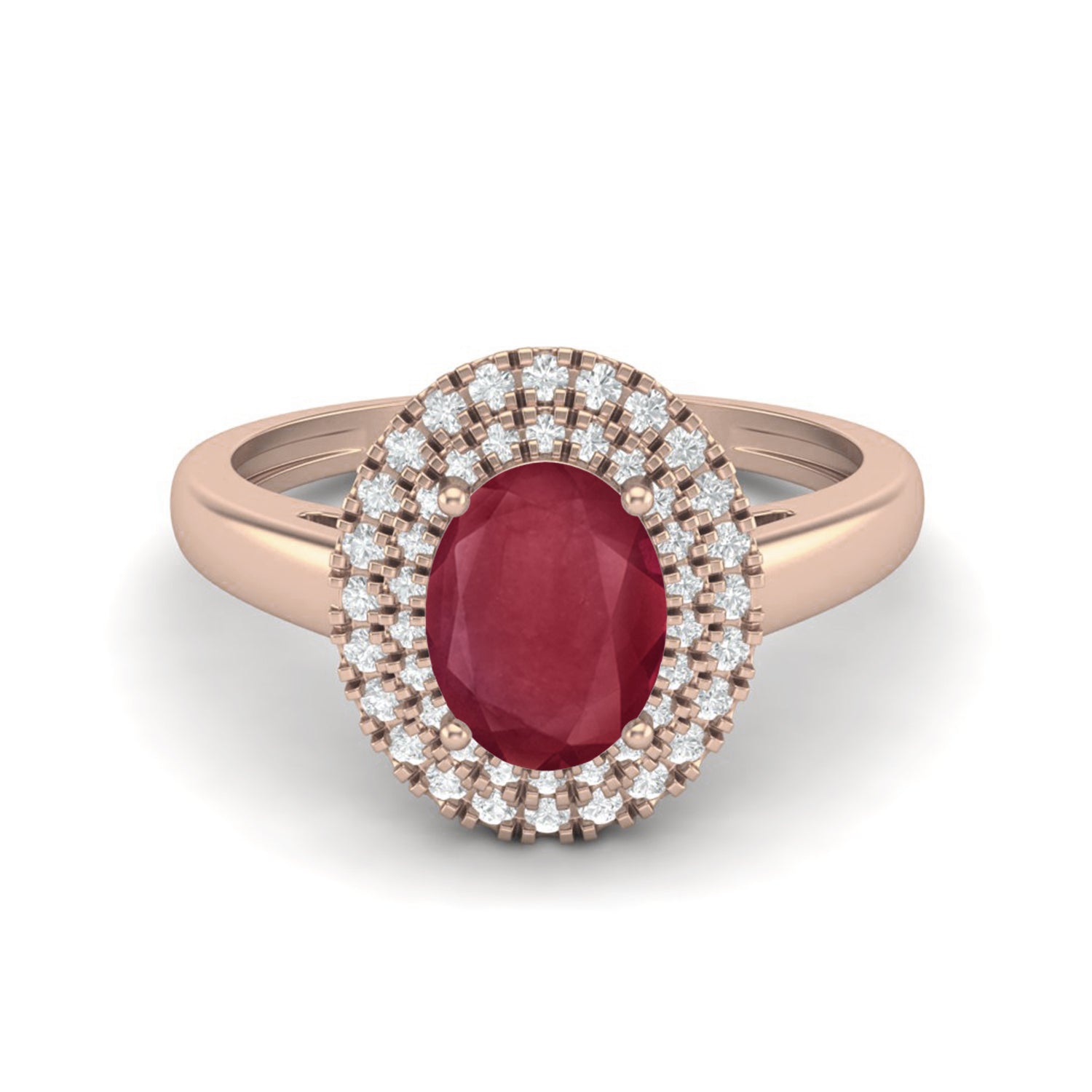 Ruby 0.75 Ct Oval Double Halo Classic Ring –  14k Yellow Gold