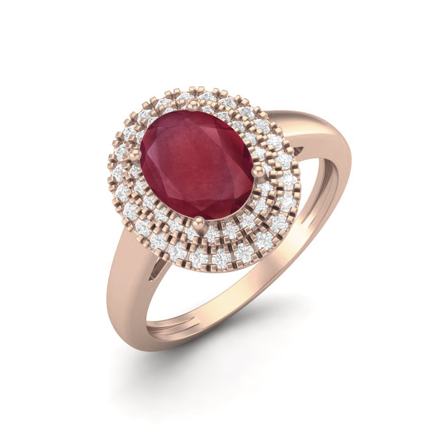 Ruby 0.75 Ct Oval Double Halo Classic Ring –  14k Yellow Gold