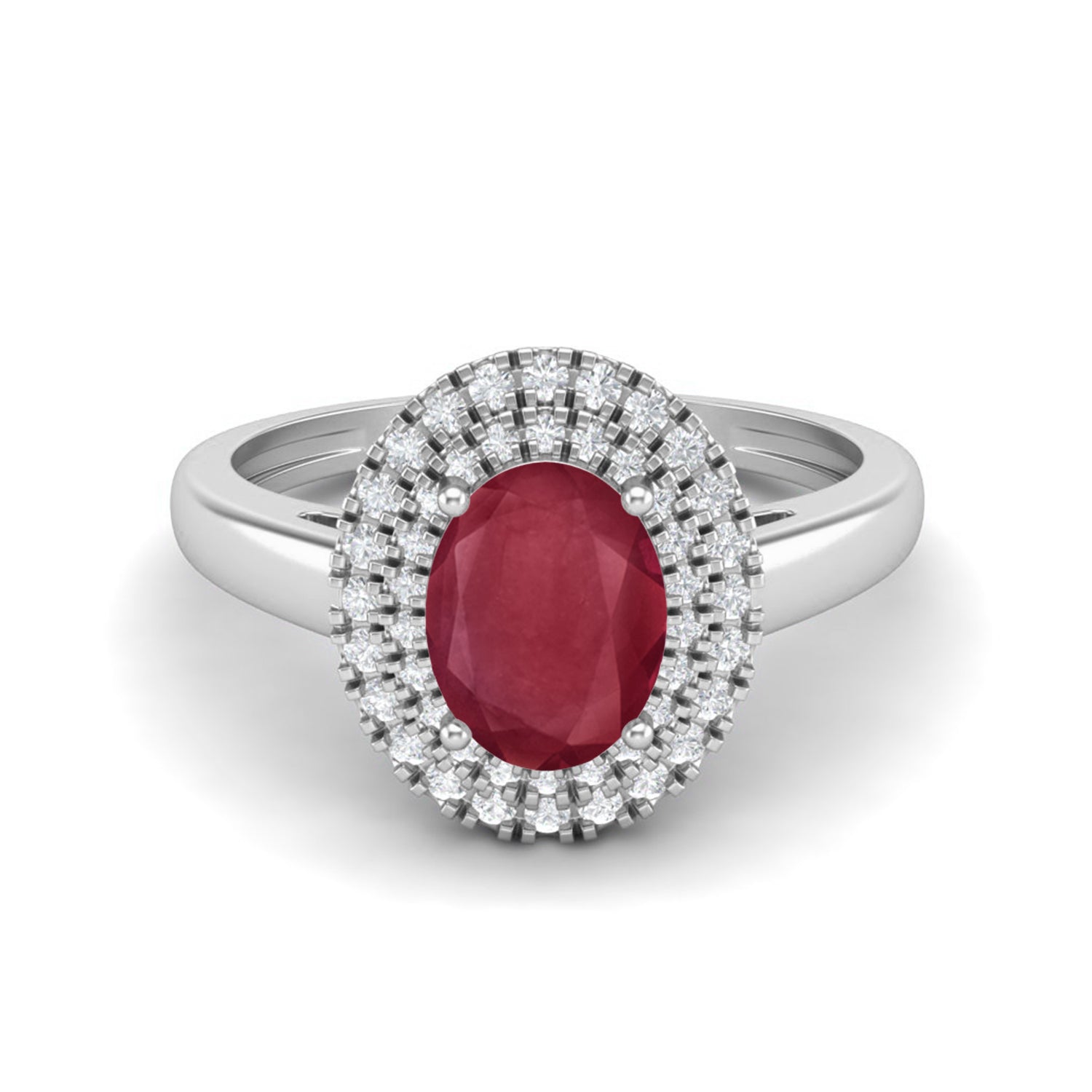 Ruby 0.75 Ct Oval Double Halo Classic Ring –  14k Yellow Gold
