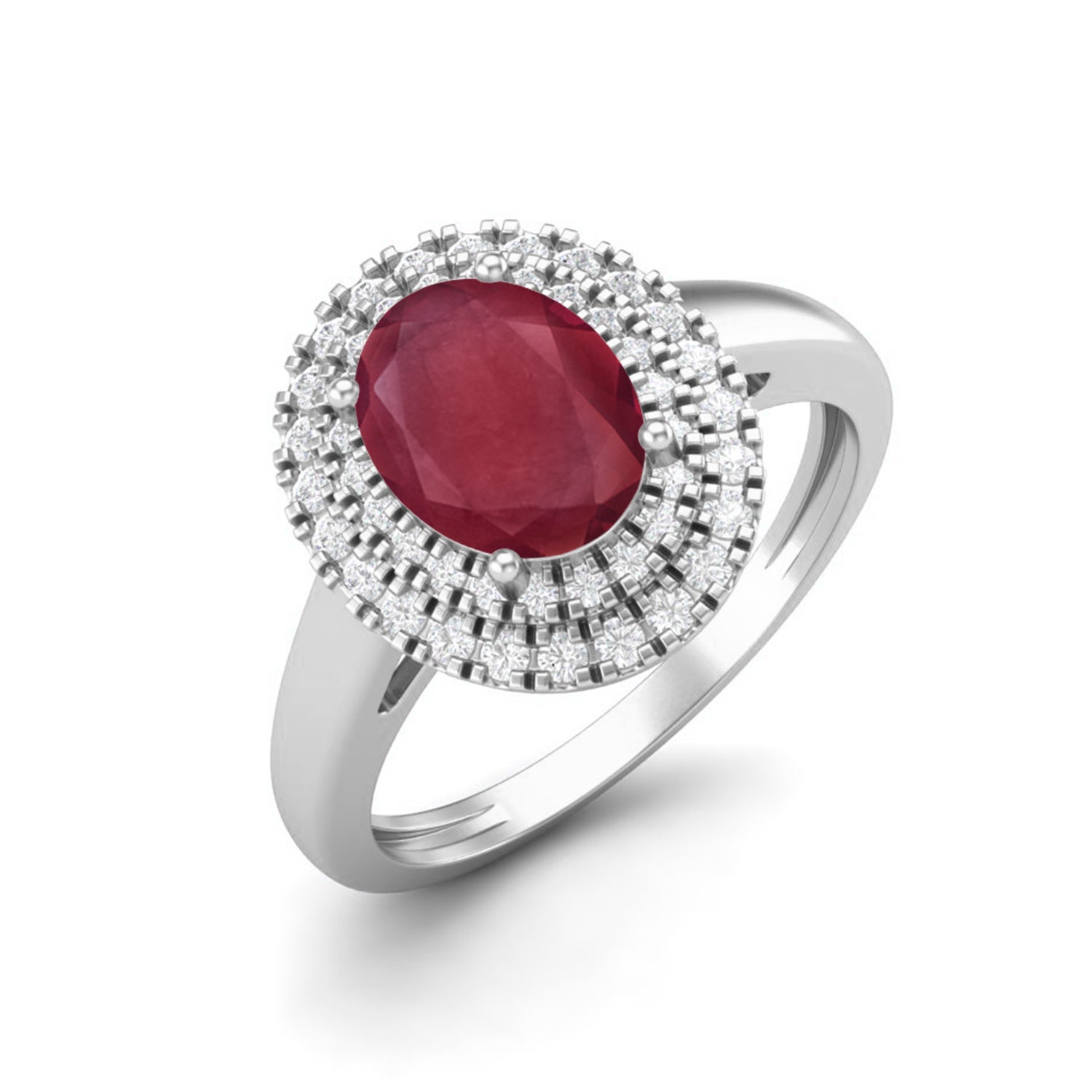 Ruby 0.75 Ct Oval Double Halo Classic Ring –  14k Yellow Gold