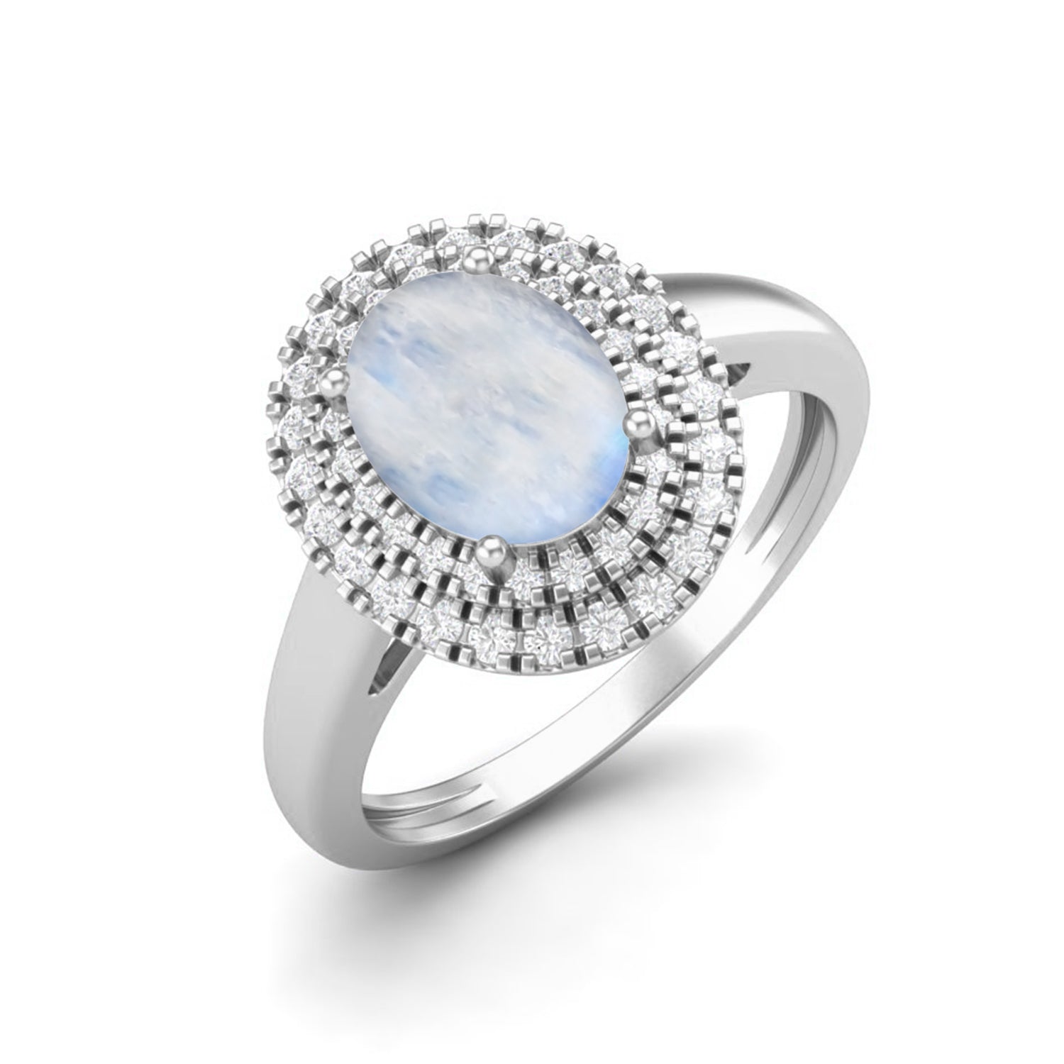 Moonstone Double Halo Ring - Sterling Silver