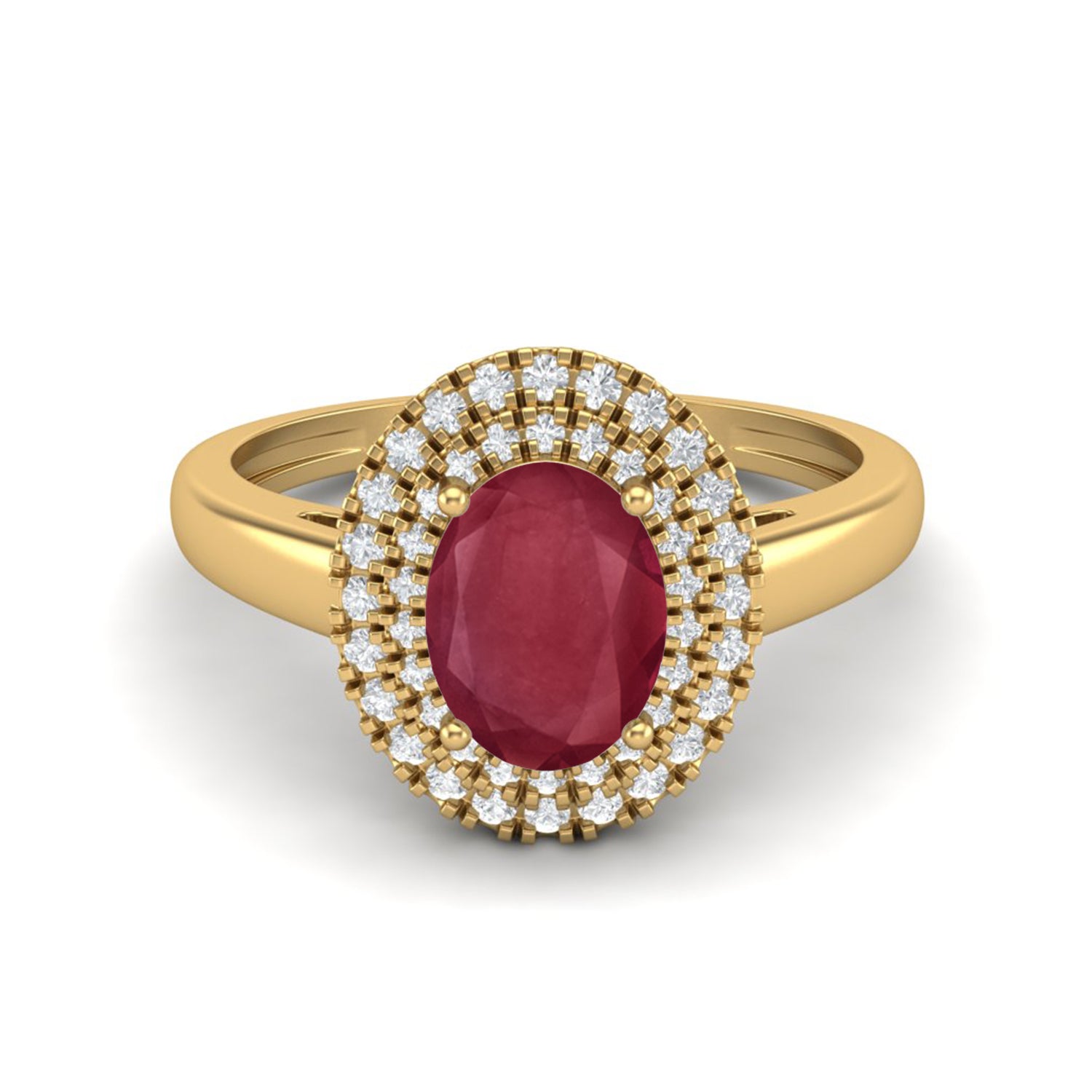 Ruby 0.75 Ct Oval Double Halo Classic Ring –  14k Yellow Gold