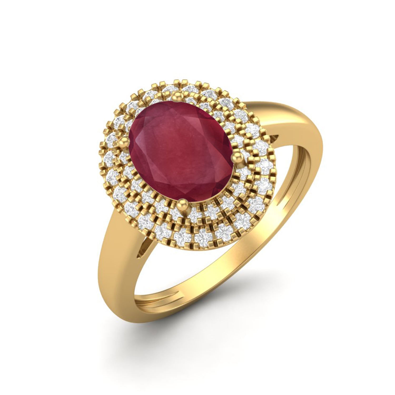 Ruby 0.75 Ct Oval Double Halo Classic Ring –  14k Yellow Gold