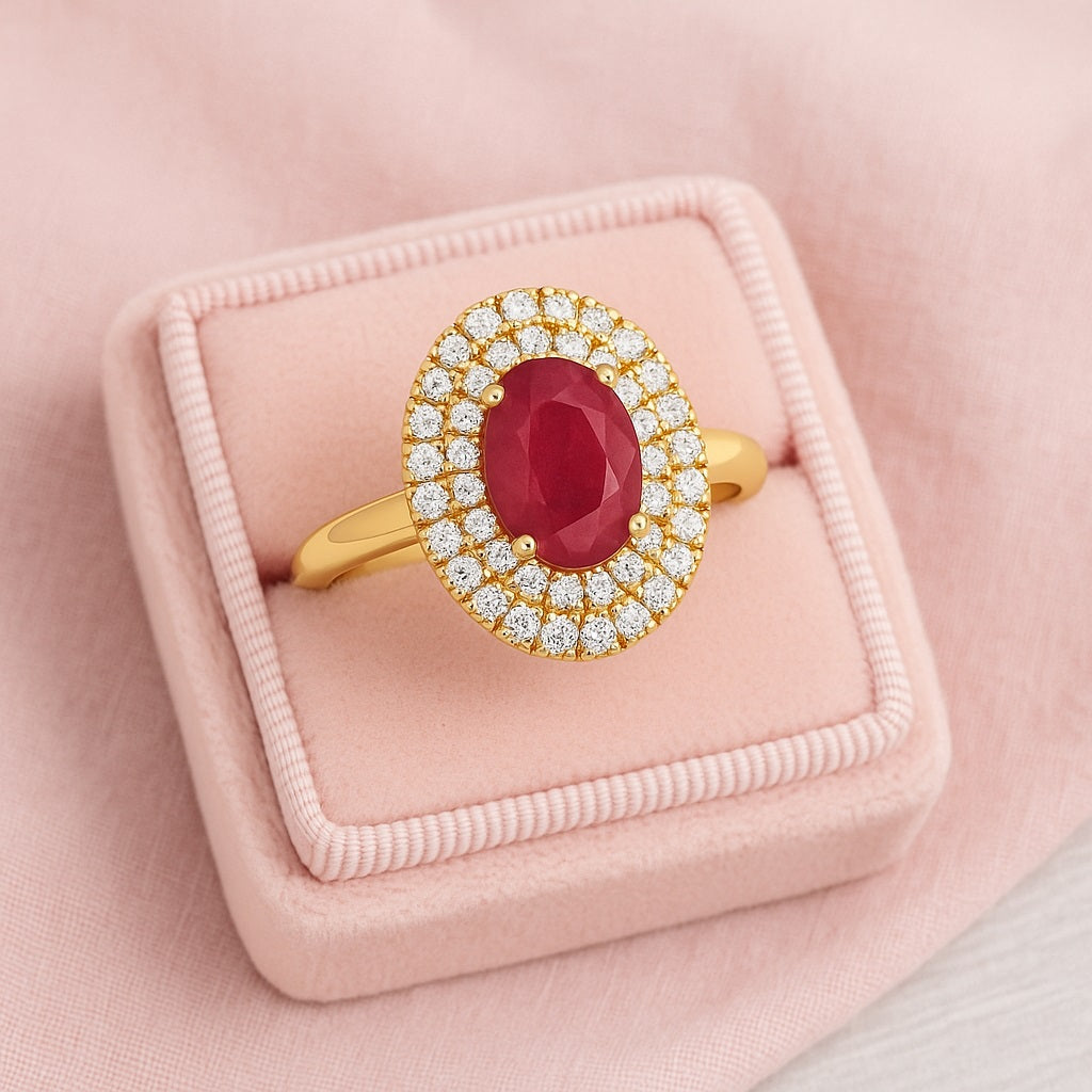 Ruby 0.75 Ct Oval Double Halo Classic Ring –  14k Yellow Gold