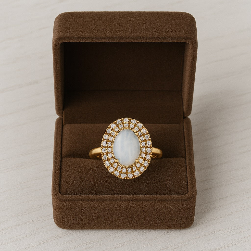 Moonstone Double Halo Ring - Sterling Silver