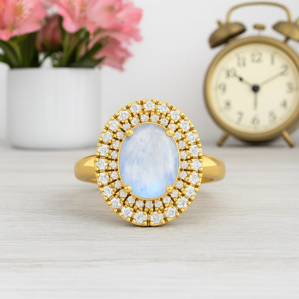 Moonstone Double Halo Ring - Sterling Silver