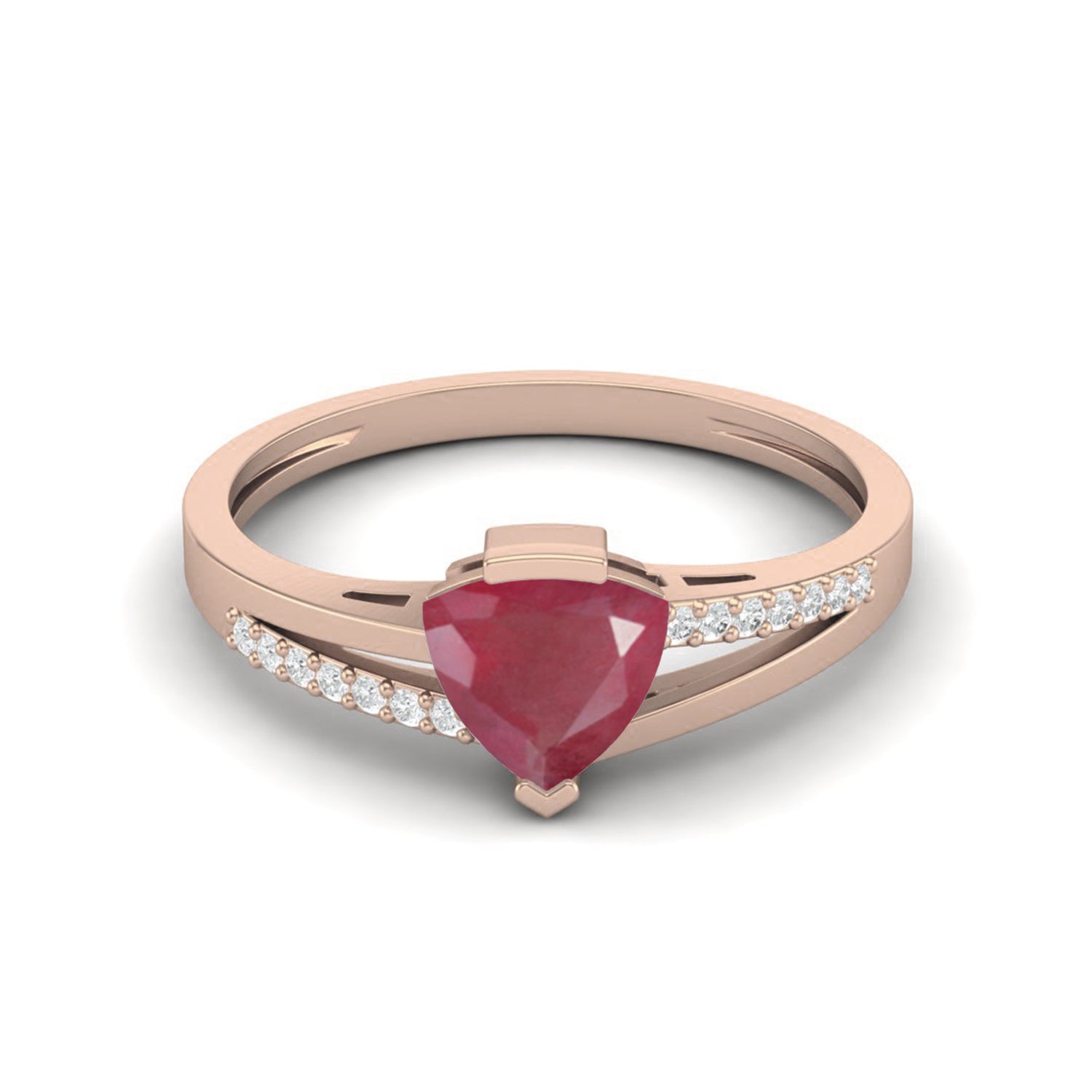 Ruby 0.75 Ct Trillion Modern Pavé Accent  Ring – 14k Yellow Gold