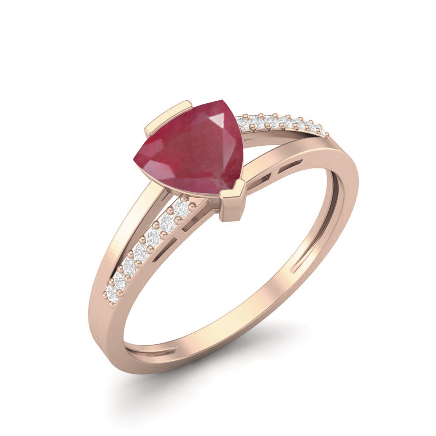 Ruby 0.75 Ct Trillion Modern Pavé Accent  Ring – 14k Yellow Gold