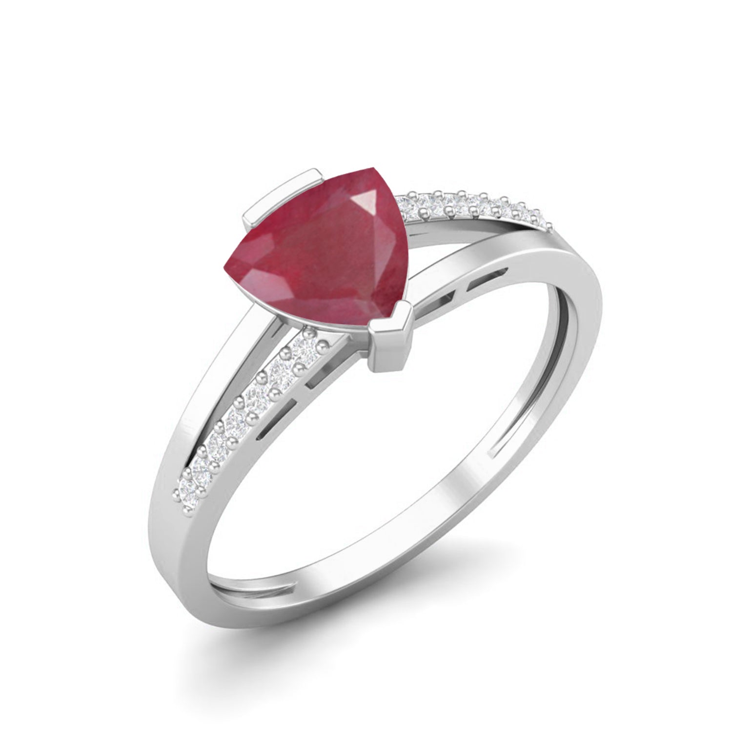 Ruby 0.75 Ct Trillion Modern Pavé Accent  Ring – 14k Yellow Gold