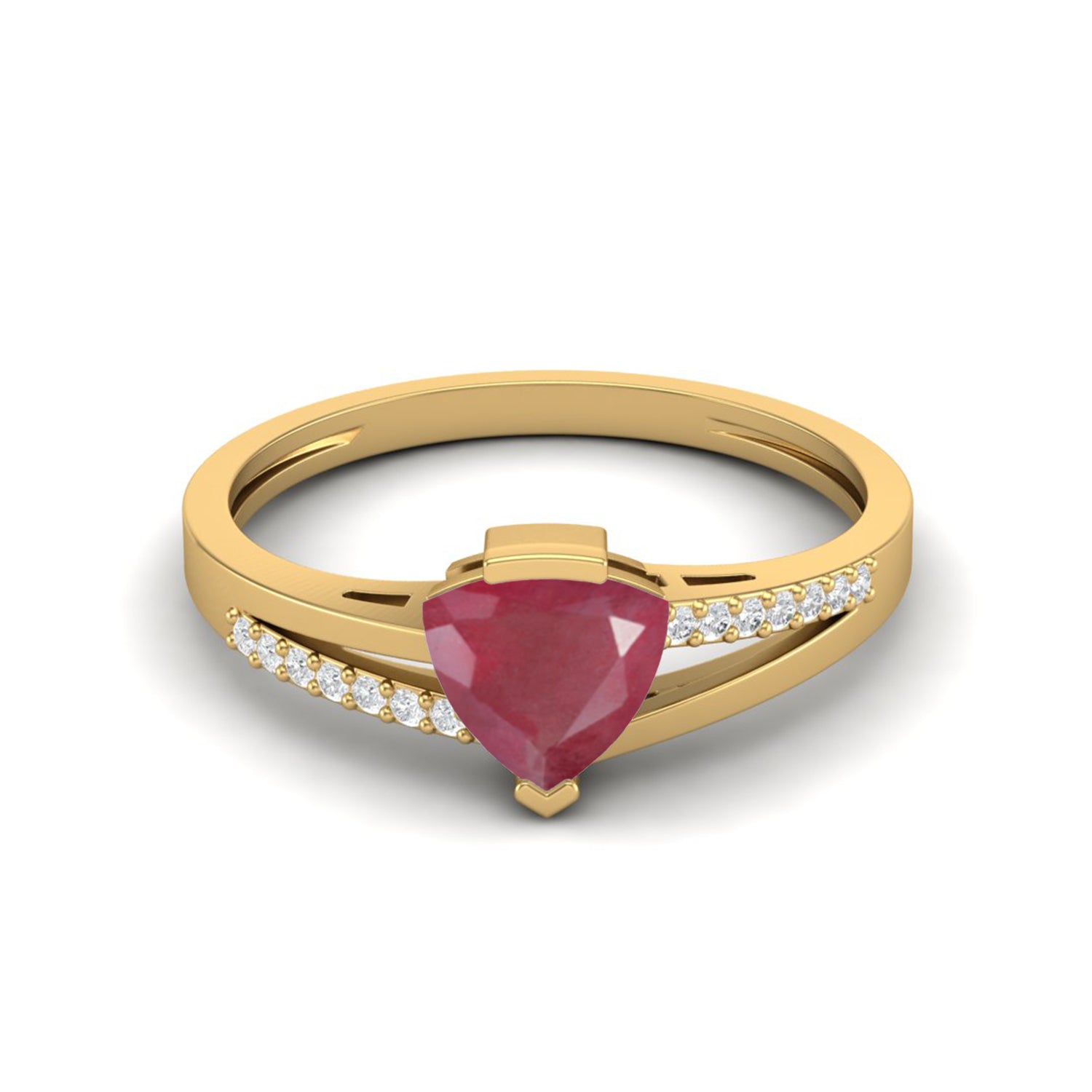 Ruby 0.75 Ct Trillion Modern Pavé Accent  Ring – 14k Yellow Gold