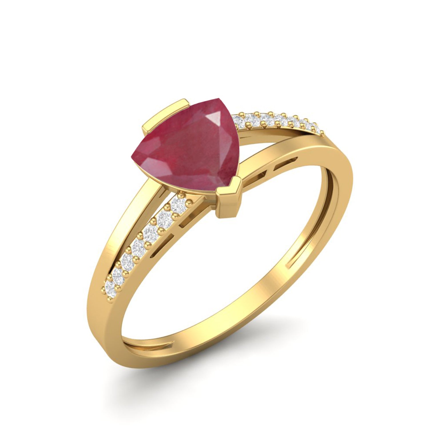 Ruby 0.75 Ct Trillion Modern Pavé Accent  Ring – 14k Yellow Gold