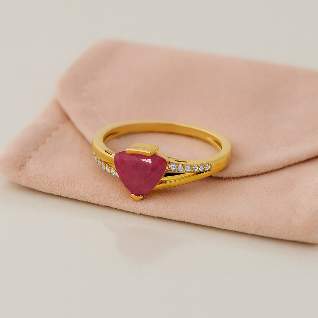 Ruby 0.75 Ct Trillion Modern Pavé Accent  Ring – 14k Yellow Gold