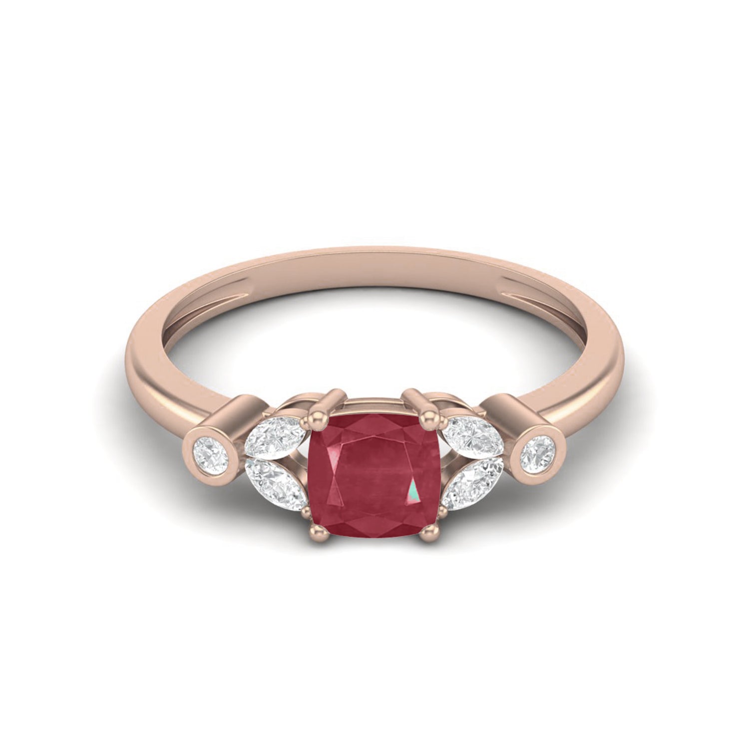 Ruby 0.75 Ct Cushion Side Accent  Ring – 14k Yellow Gold
