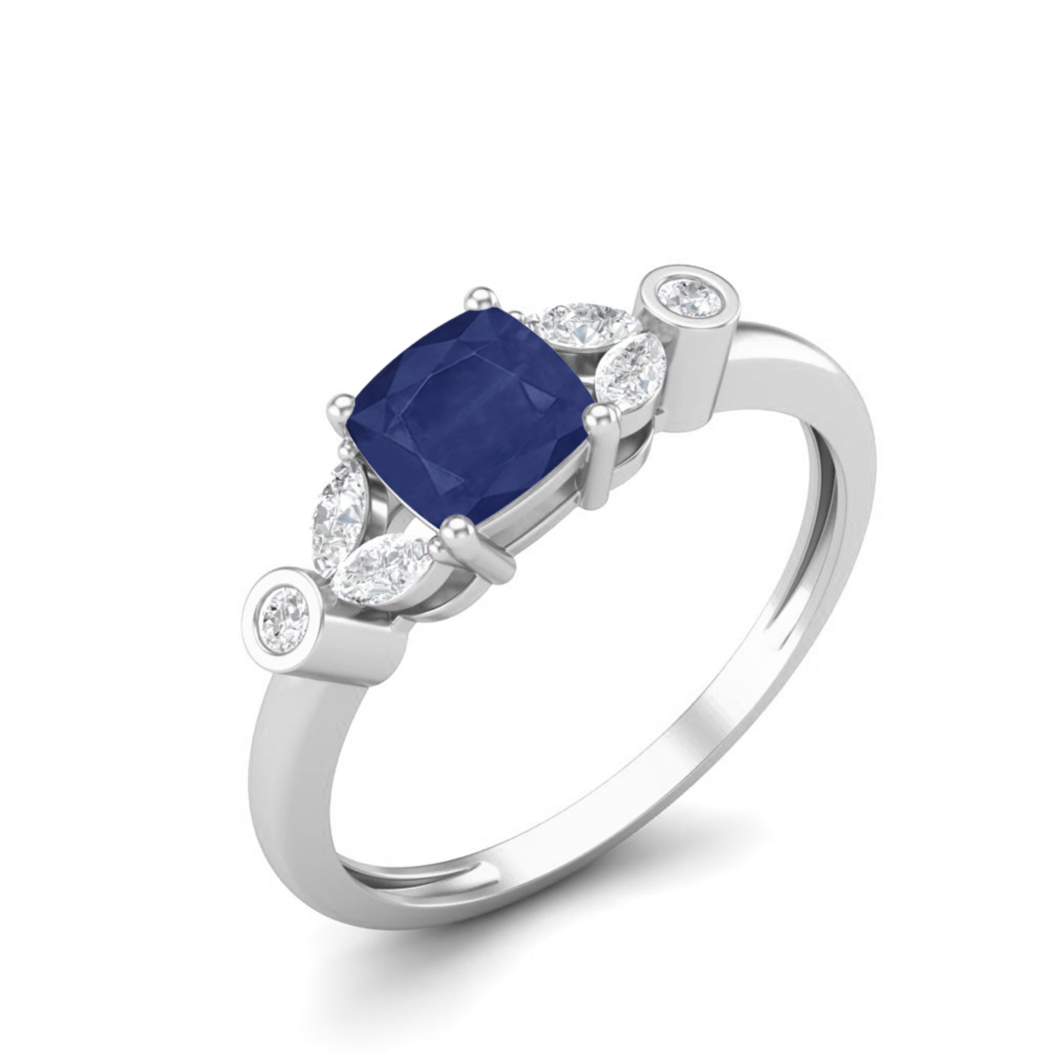 Cushion Shape Blue Sapphire Solitaire Ring 925 Sterling Silver Wedding Ring For Women
