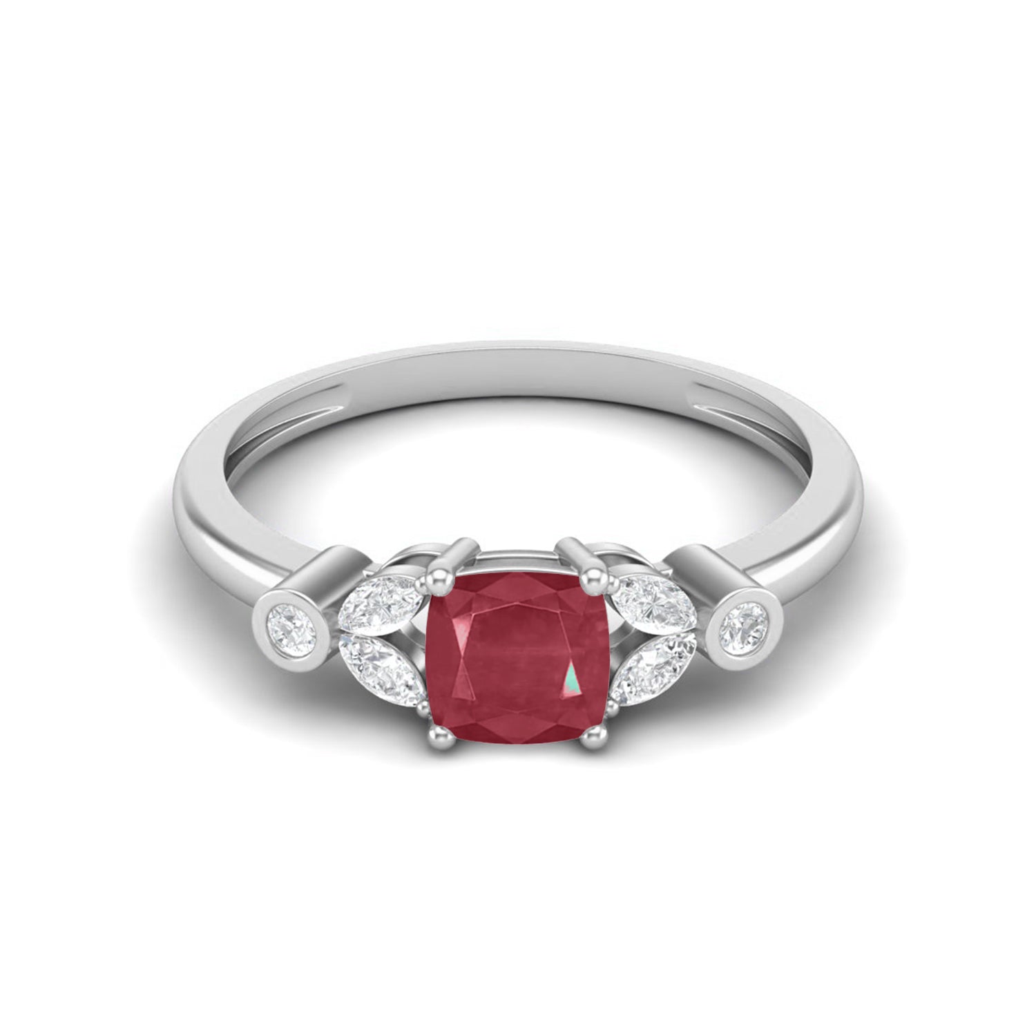 Ruby 0.75 Ct Cushion Side Accent  Ring – 14k Yellow Gold