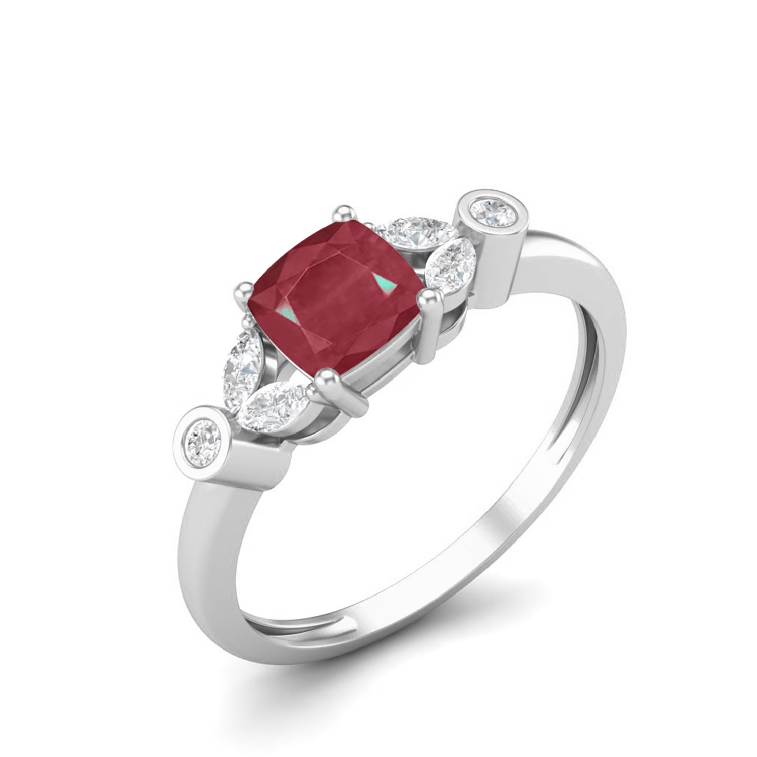 Ruby 0.75 Ct Cushion Side Accent  Ring – 14k Yellow Gold