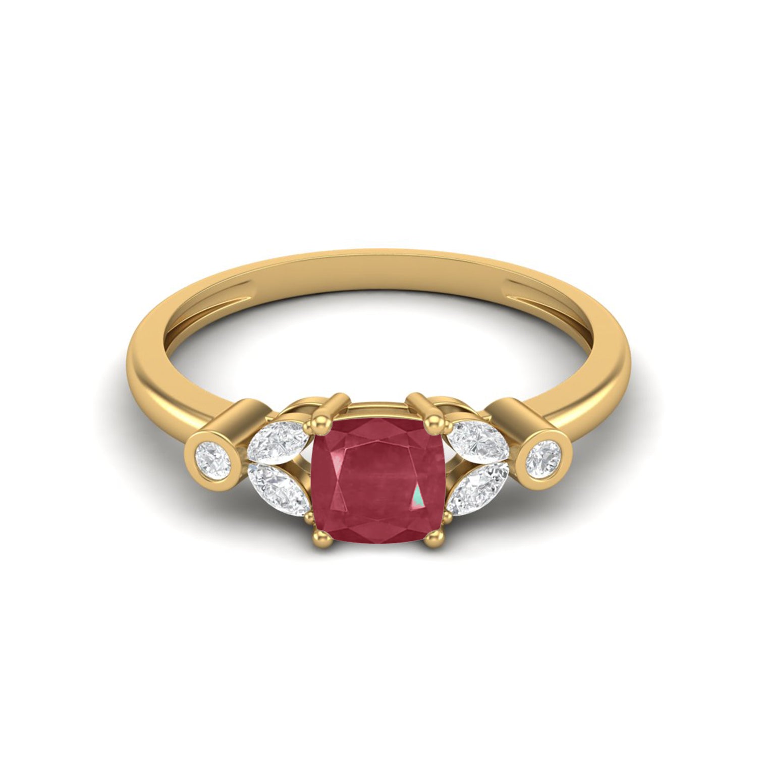 Ruby 0.75 Ct Cushion Side Accent  Ring – 14k Yellow Gold