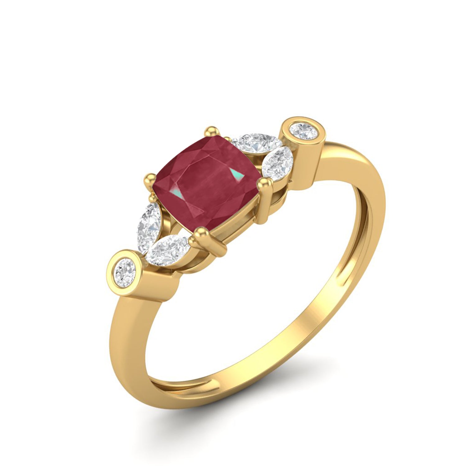 Ruby 0.75 Ct Cushion Side Accent  Ring – 14k Yellow Gold